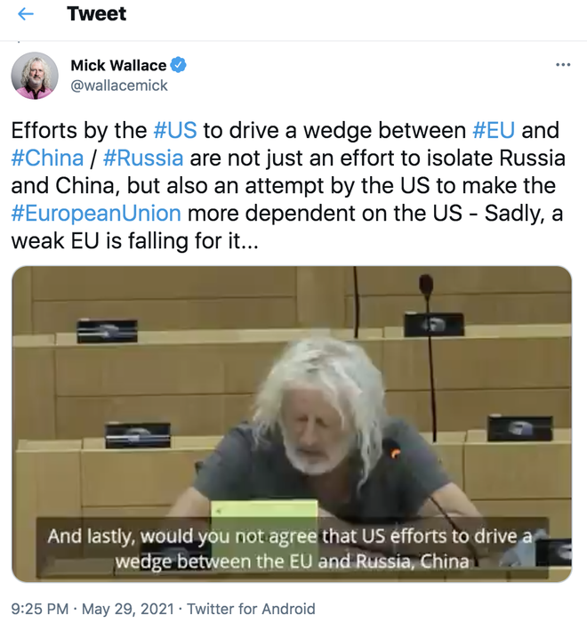 Mick Wallace: panunulsol ng Amerika sa EU, Tsina at Rusya, patibong para mas dumepende ang EU sa Amerika_fororder_20210531Wallace