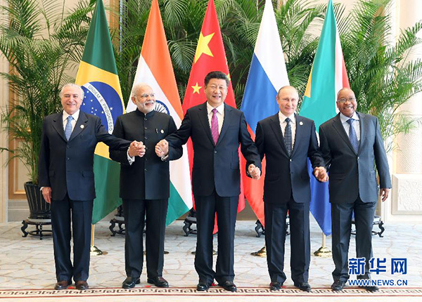 File photo of the BRICS leaders meeting in September 2016 on the sidelines of G20 Hangzhou Summit. [Photo: Xinhua]