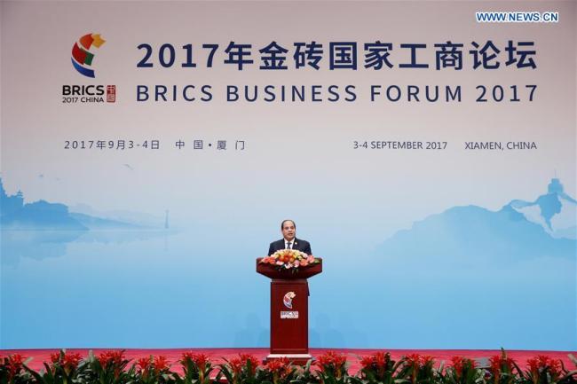 Egyptian President Abdel-Fattah al-Sisi delivers a speech at the BRICS Business Forum in Xiamen, southeast China's Fujian Province, Sept. 4, 2017. [Photo: Xinhua/Shen Bohan]