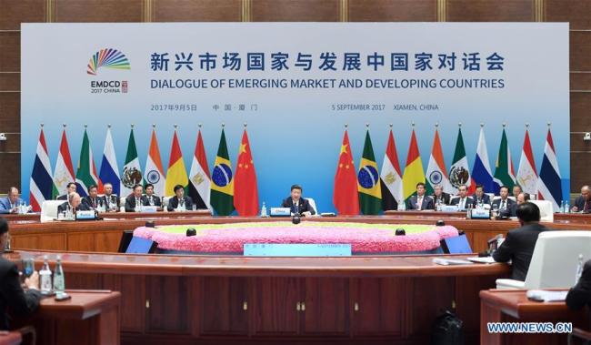 Chinese President Xi Jinping chairs the Dialogue of Emerging Market and Developing Countries in Xiamen, southeast China's Fujian Province, Sept. 5, 2017. Brazilian President Michel Temer, Russian President Vladimir Putin, Indian Prime Minister Narendra Modi, South African President Jacob Zuma, Egyptian President Abdel-Fattah al-Sisi, Guinean President Alpha Conde, Mexican President Enrique Pena Nieto, President of Tajikistan Emomali Rahmon and Thai Prime Minister Prayut Chan-o-cha attended the dialogue. [Photo: Xinhua/Zhang Duo]