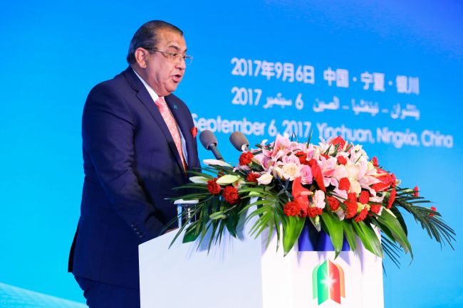 Na’el Raja Al Kabariti, President of General Union of Chambers of Commerce, Industry and Agriculture for Arab States, delivers a speech at the opening ceremony of China-Arab States Expo in Yinchuan, northwest China’s Ningxia Hui Autonomous Region on September 6, 2017. [Photo: Photo provided to China Plus/Huang Gengsheng]