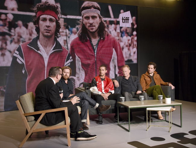 Director Janus Metz, from second left, Shia LaBeouf, Stellan Skarsgard and Sverrir Gudnason participate in a press conference for "Borg/McEnroe" on day 1 of the Toronto International Film Festival at the TIFF Bell Lightbox on Thursday, Sept. 7, 2017, in Toronto. [Photo:AP]