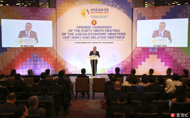 Philippine Department of Trade and Industry Secretary Ramon Lopez delivers his speech during the opening ceremony of the 49th Meeting of the ASEAN Economic Ministers and Related Meetings in Manila, Philippines Thursday, Sept. 7, 2017. [Photo: IC]
