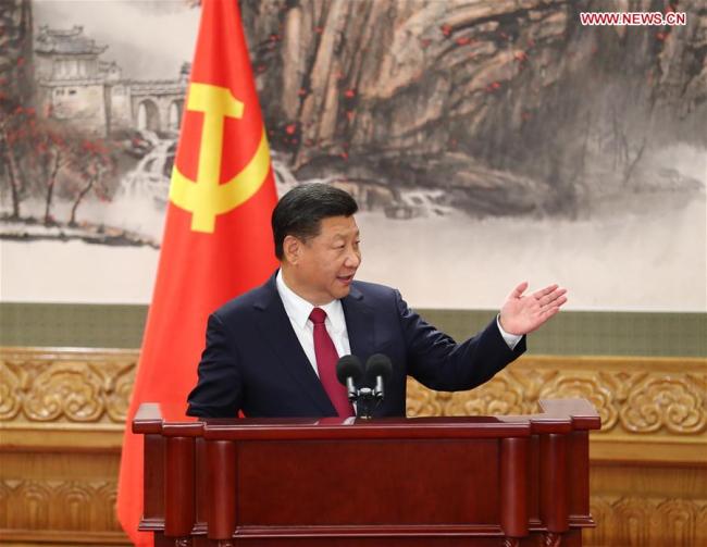 Xi Jinping, general secretary of the Central Committee of the Communist Party of China (CPC), speaks when meeting the press at the Great Hall of the People in Beijing, capital of China, Oct. 25, 2017. Xi Jinping and the other newly-elected members of the Standing Committee of the Political Bureau of the 19th CPC Central Committee Li Keqiang, Li Zhanshu, Wang Yang, Wang Huning, Zhao Leji and Han Zheng met the press on Wednesday. [Photo: Xinhua] 