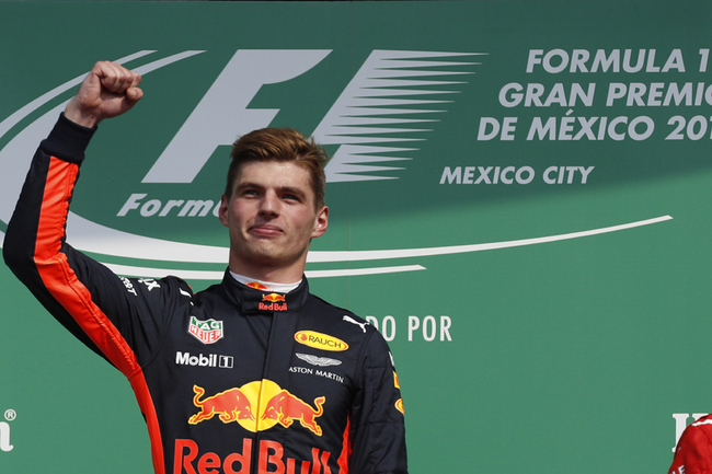 Red Bull driver Max Verstappen of the Netherlands celebrates on the podium after winning the Formula One Mexico Grand Prix auto race at the Hermanos Rodriguez racetrack in Mexico City, Sunday, Oct. 29, 2017. [Photo: AP]