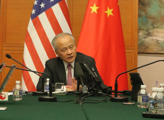 Chinese Ambassador to the United States, Cui Tiankai, answering questions from reporters in Washington, DC on October 30, 2017 about an impending visit to China by US President Donald Trump. [Photo: China Plus/Liu Kun]