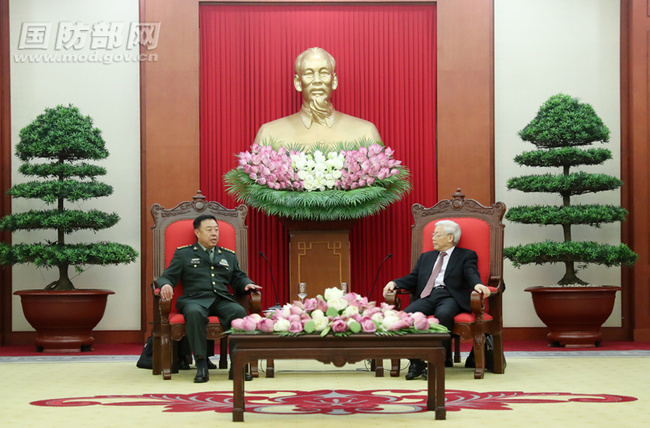 Fan Changlong, vice chairman of the Central Military Commission of China, meets with Nguyen Phu Trong, general secretary of the Central Committee of the Communist Party of Vietnam (CPV) in Hanoi, capital of Vietnam, June 18, 2017. [Photo: gov.cn]