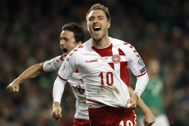 Denmark's Christian Eriksen celebrates after scoring his side's third goal during the World Cup qualifying play off second leg soccer match between Ireland and Denmark at the Aviva Stadium in Dublin, Ireland, Tuesday, Nov. 14, 2017. [Photo; AP]