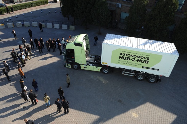 Volvo group,Swedish truck and construction manufacturer  puts on demonstrations of their autonomous hub-to-hub truck and newest technologies in electrification during an innovation summit at Tank 79, 751 D•Park, No.4 Jiuxianqiao Road, Chaoyang District, Beijing  on November 15,2017.[Photo:ChinaPlus] 