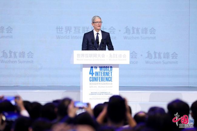 Tim Cook, CEO of Apple, speaks at the opening ceremony of the World Internet Conference on December 3,2017, in Wuzhen, east China’s Zhejiang Province. [Photo: china.org.cn]