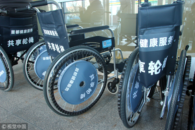 A photo taken on December 6, 2017, shows shared wheelchairs at Beijing Friendship Hospital. [Photo: VCG]