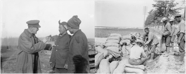 A British army officer offering advice to Chinese labourers (left), and workers filling sandbags to block the road in case of a German advance (right) [Photos: IWM, London]