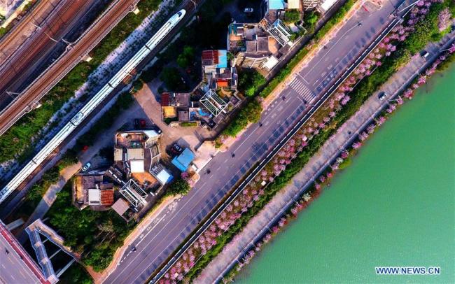 A bullet train runs in Liuzhou City, south China's Guangxi Zhuang Autonomous Region, April 13, 2017. 