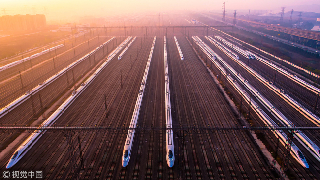 High-speed trains waiting to go into service at a rail yard in Wuhan in central China's Hubei Province on December 5, 2014. [Photo: VCG]