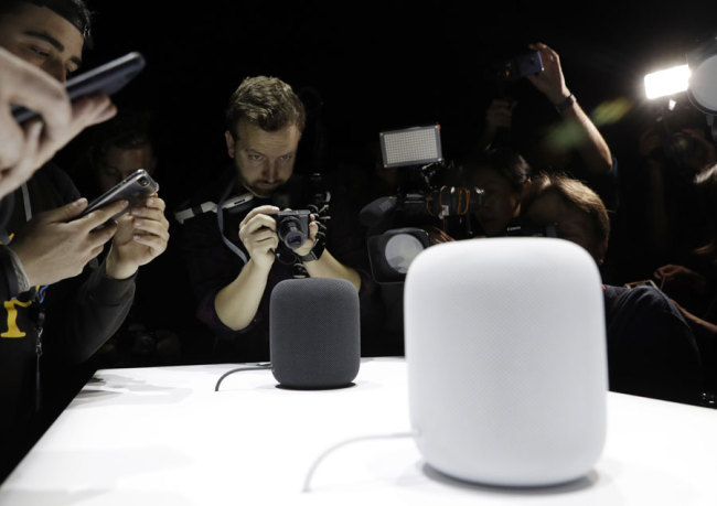 The HomePod speaker is photographed in a a showroom during an announcement of new products at the Apple Worldwide Developers Conference Monday, June 5, 2017, in San Jose, Calif. [Photo: AP/Marcio Jose Sanchez] 