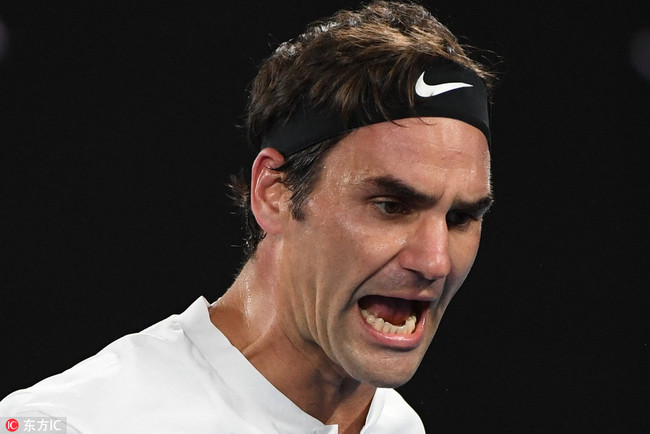 Roger Federer of Switzerland reacts during his men´s singles final match against Marin Cilic of Croatia at the Australian Open Grand Slam tennis tournament in Melbourne, Australia, 28 January 2018. [Photo: IC]