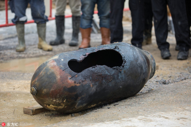 Photo taken on February 1, 2018 shows an unexploded World War II bomb removed out of a construction site in Hong Kong, China. [Photo: IC]