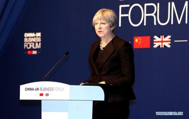British Prime Minister Theresa May attends the China-UK Business Forum in Shanghai, east China, Feb. 2, 2018. [Photo: Xinhua]