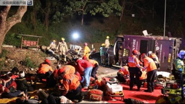 Rescue is underway after a double-decker bus crashed in Hong Kong on Saturday, February 10, 2018. [Photo: China Central Television]
