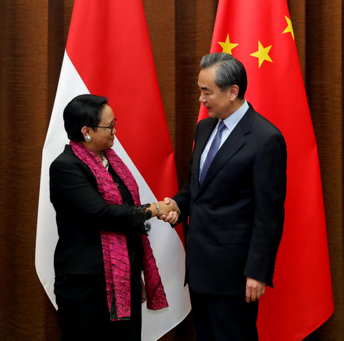 Chinese Foreign Minister Wang Yi meets with his Indonesian counterpart Retno Marsudi at the third meeting of the Joint Commission on Bilateral Cooperation between China and Indonesia on February 9, 2018. [Photo: fmprc.gov.cn]