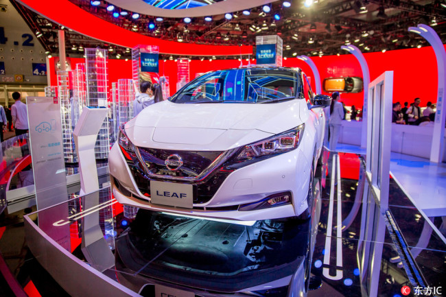 A Nissan LEAF is on display during the 15th China (Guangzhou) International Automobile Exhibition, also known as Auto Guangzhou 2017 in Guangzhou city, south China's Guangdong province, 21 November 2017. [Photo: IC]
