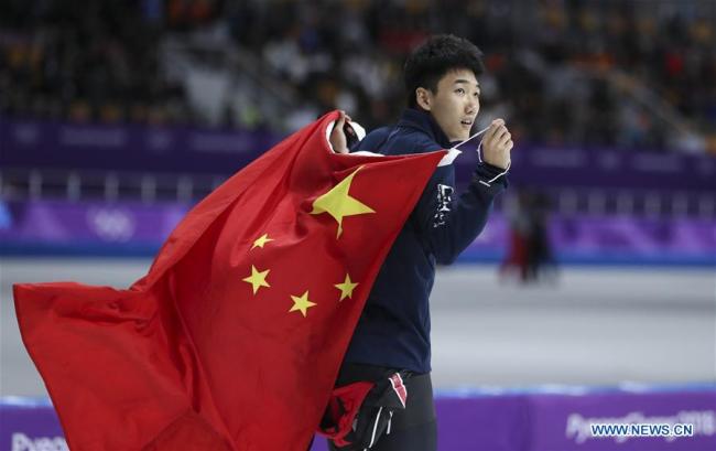 China's Gao Tingyu celebrates after finishing men's 500m event of speed skating at 2018 PyeongChang Winter Olympic Games at Gangneung Oval, Gangneung, South Korea, Feb. 19, 2018. Gao Tingyu claimed third place in a time of 34.65 seconds.[Photo: Xinhua/Han Yan]