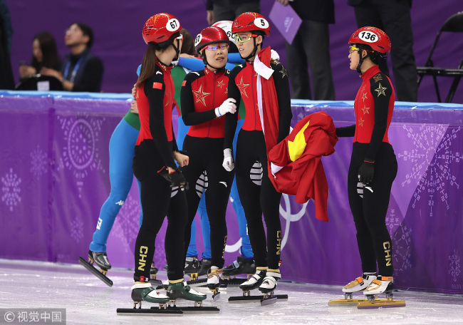 Team China react following the women's 3,000m relay short track speed skating Final A on day eleven of the PyeongChang 2018 Winter Olympic Games at Gangneung Ice Arena on February 20, 2018 in Gangneung, South Korea. [Photo: VCG]