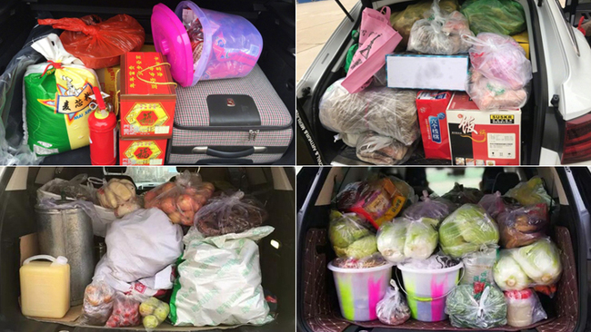 Some photos shared on social media in China of car trunks crammed with gifts of food from parents as their kids return home after Spring Festival. [Photo: Sina Weibo]