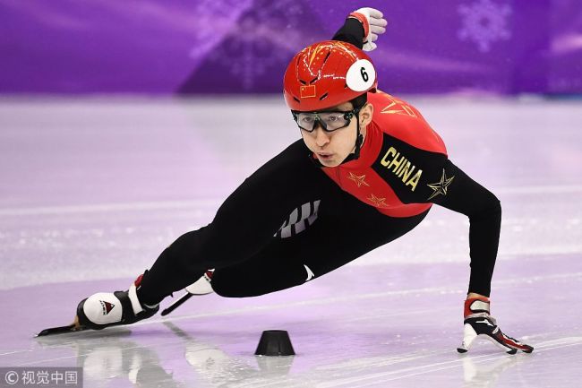 China's Wu Dajing competes in the men's 500m short track speed skating quarter-final event during the Pyeongchang 2018 Winter Olympic Games, at the Gangneung Ice Arena in Gangneung on February 22, 2018. [Photo: VCG: Aris Messinis]