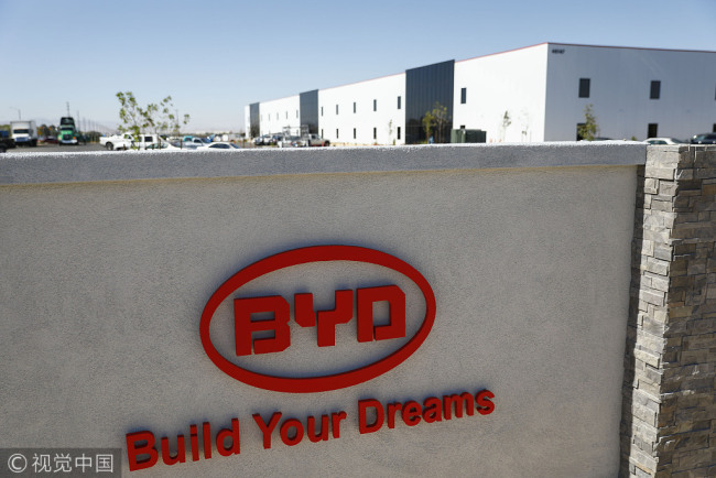 Signage is displayed outside the BYD Coach and Bus factory in Lancaster, California, U.S.BYD unveiled the newly expanded 450,000 square foot factory on Oct. 6, North America's largest electric bus manufacturing facility. [Photo: VCG]