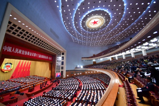 The first session of the 13th National Committee of the Chinese People's Political Consultative Conference (CPPCC) opens at the Great Hall of the People in Beijing on Saturday, March 3, 2018. [Photo: people.com.cn]