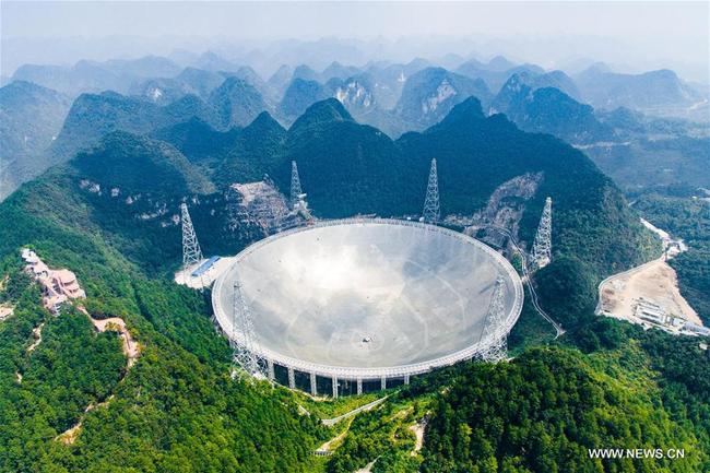 Photo taken on Sept. 24, 2016 shows the 500-meter Aperture Spherical Telescope (FAST) in Pingtang County, southwest China's Guizhou Province. [Photo: Xinhua/Liu Xu]