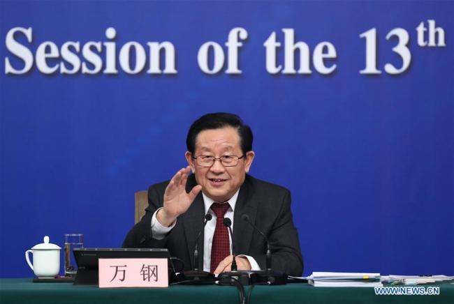 Minister of Science and Technology Wan Gang answers questions at a press conference on speeding up the construction of innovative country on the sidelines of the first session of the 13th National People's Congress in Beijing, capital of China, March 10, 2018. [Photo: Xinhua/Xing Guangli]