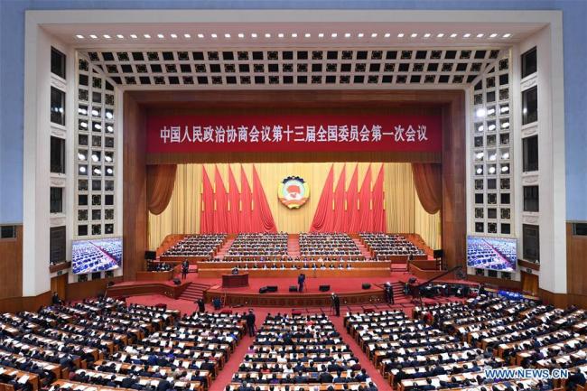The third plenary meeting of the first session of the 13th National Committee of the Chinese People's Political Consultative Conference (CPPCC) is held at the Great Hall of the People in Beijing, capital of China, March 10, 2018. [Photo: Xinhua/Zhang Ling]