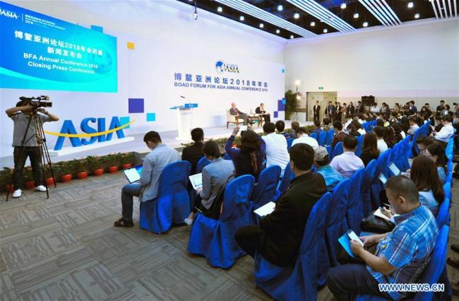 The closing press conference of the Boao Forum for Asia (BFA) Annual Conference 2018 is held in Boao, south China's Hainan Province, April 11, 2018. [Photo: Xinhua/Yang Guanyu]