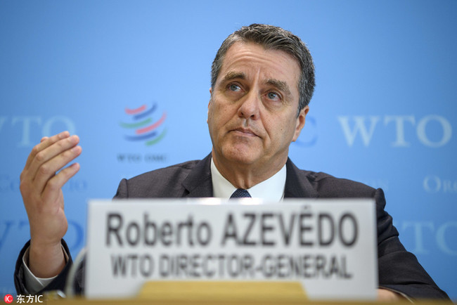 Brazilian Roberto Azevedo, Director General of the World Trade Organization, WTO, speaks during a press briefing about the WTO's World Trade Report 2017 at the headquarters of the World Trade Organization, WTO, in Geneva, Switzerland, Thursday, April 12, 2018.[Photo: IC]