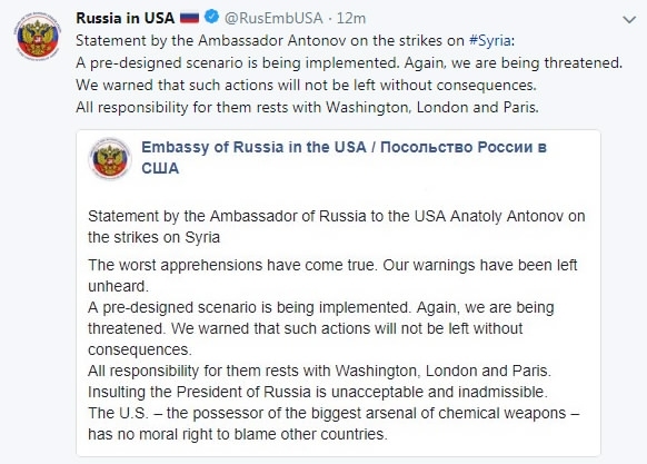 Twitter screenshot of the Embassy of Russia in the USA. [Photo: CGTN]