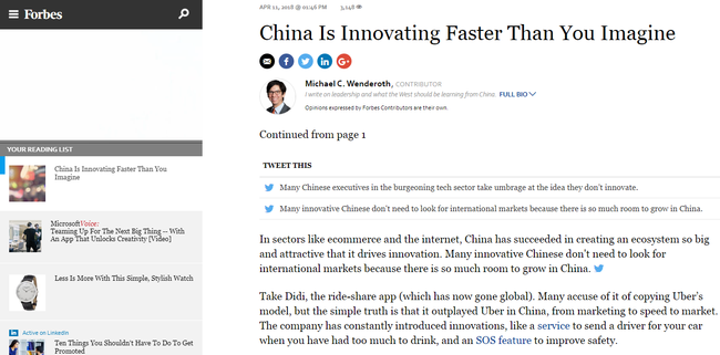 A screenshot of Michael C. Wenderoth’s article on Forbes website. [Screenshot: China Plus]