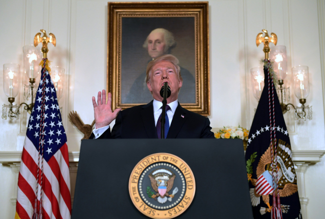 U.S. President Donald Trump speaks in the Diplomatic Reception Room of the White House on April 13, 2018, in Washington, about the United States' military response to Syria's alleged chemical weapon attack on April 7. [Photo: AP/Susan Walsh]