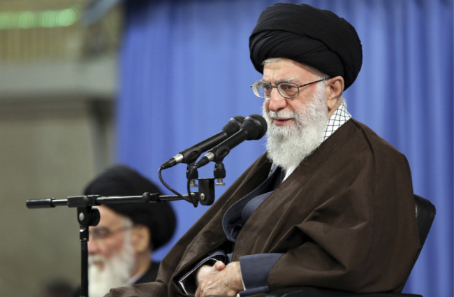 In this picture released by an official website of the office of the Iranian supreme leader, Supreme Leader Ayatollah Ali Khamenei speaks at a meeting in Tehran, Iran, Saturday, April 14, 2018. Khamenei said that the U.S.-led attack on Syria is a "crime" and said the countries behind it will gain nothing. The Iranian Foreign Ministry strongly condemned the strikes and warned of unspecified consequences. [Photo: AP]