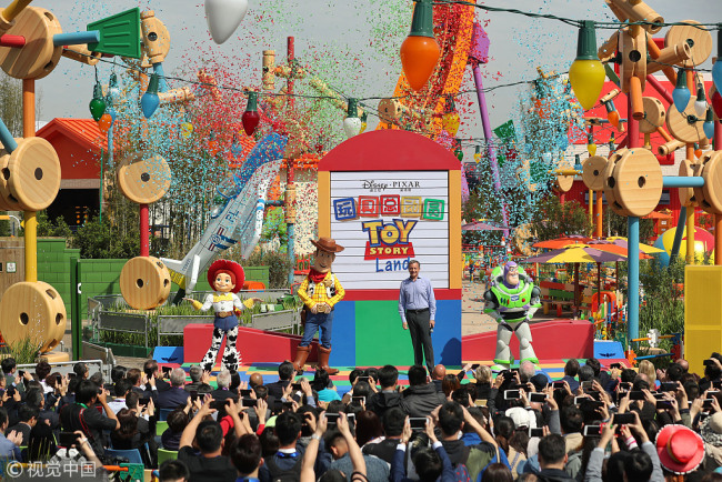 The seventh theme park opens at the Shanghai Disney Resort on Thursday, April 26, 2018. The Pixar Toy Story Land includes Slinky Dog Spin, Rex's Racer, Woody's Roundup, Meeting Post, Toy Box Café and Al's Toy Barn. [Photo: VCG]