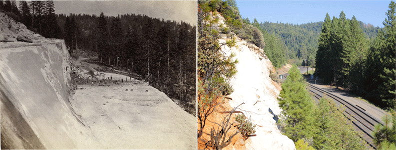 On the left, in the photo taken by Alfred Hart in the 1860s, Chinese labourers worked after the blasting at Chalk Bluffs above Alta. Cut 60 ft deep. On the right is a photo taken at the exact same location by Chinese photographer Li Ju. [Photo (left): Alfred Hart/Photo (right): Li Ju]