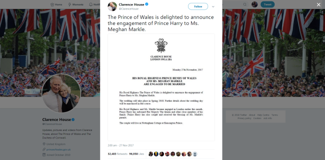 A Twitter post by Clarence House, the official residence of Britain's Prince of Wales and the Duchess of Cornwall, on November 27, 2017, announcing the engagement of Prince Harry to Meghan Markle. [Screenshot: China Plus]