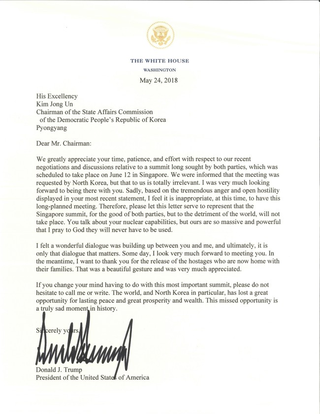 Trump's letter to Kim. [Photo: The White House]