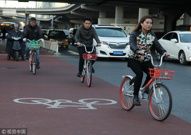 Riders in the bike lane under Guomao Bridge in Beijing on December 8, 2016. [Photo: VCG]