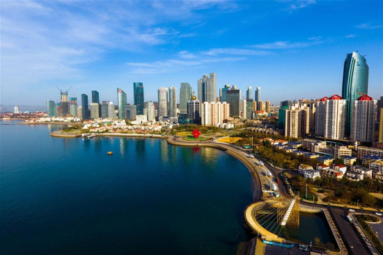 Aerial photo taken on April 16, 2018 shows the cityscape of Qingdao, the host city of the Shanghai Cooperation Organization Summit, in east China's Shandong Province. [Photo: Xinhua/Guo Xulei]