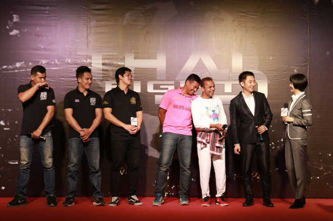 A group of top-level Thai boxers arrive in Beijing, Monday, May 28, 2018 to promote the launch of Thai Fight in China. 