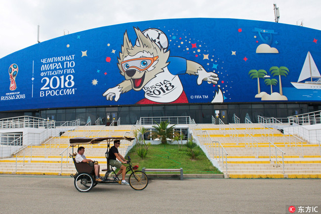 An image of Zabivaka the Wolf, the official mascot of the 2018 FIFA World Cup in Russia, in Sochi's Olympic Park, on May 29 2018. [Photo: IC]