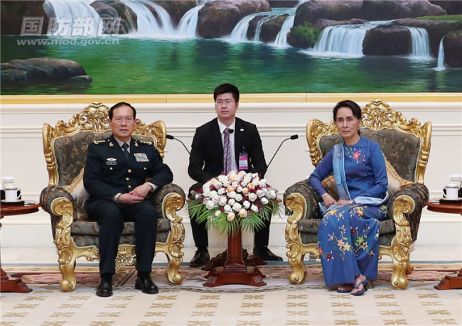 Myanmar's State Counselor Aung San Suu Kyi (R) meets with Chinese State Councilor and Defense Minister Wei Fenghe (L) on bilateral relations in Myanmar on Friday, June 15, 2018. [Photo: mod.gov.cn]