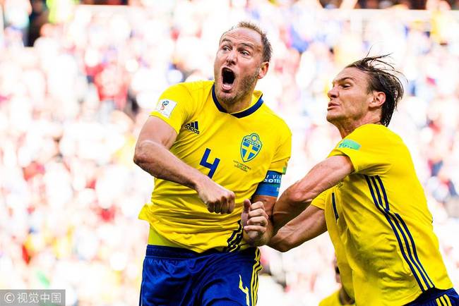 Andreas Granqvist and Albin Ekdal of Sweden celebrates the 1-0 goal during the FIFA World Cup WM Weltmeisterschaft Fussball group stage match between Sweden and South Korea on June 18, 2018 in Nizhny Novgorod. [Photo: VCG]